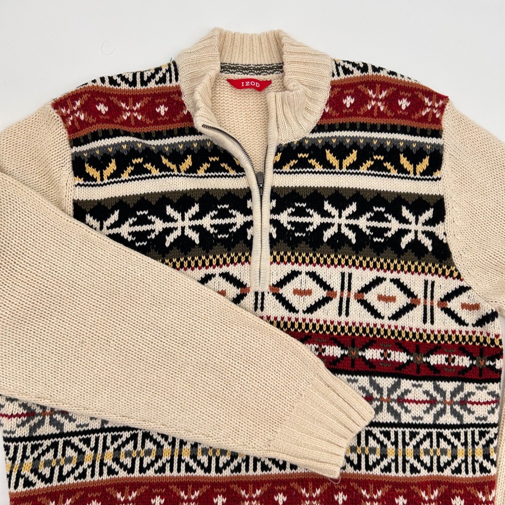 IZOD Mens‎ Fair Isle Snowflake Quarter Zip Sweater Cream Red Black XL